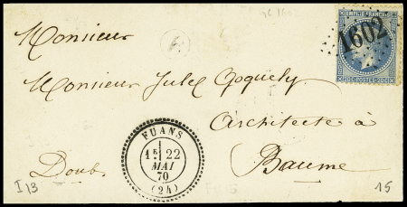 N°29 OBL GC 1602 + T24 Fuans (1870) sur lettre, ind 13. TB