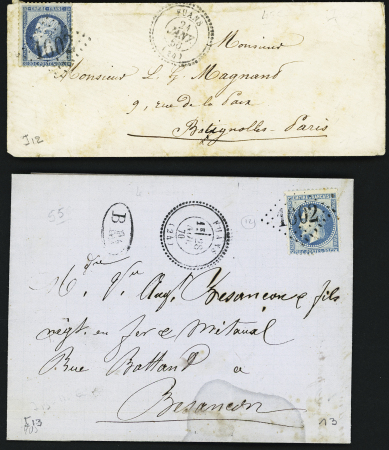 2 lettres : n°22 OBL GC 1602 + T22 Fuans (1866) et n°29 OBL GC 1602 + T24 Fuans (1870) + "BM" dans un ovale. TB