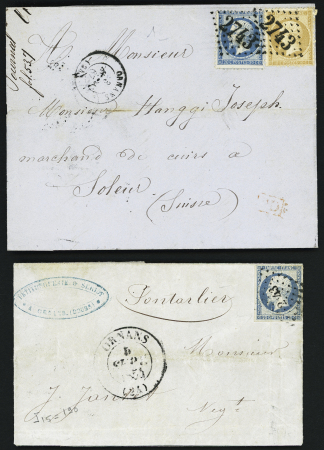 2 lettres : n°14 OBL PC 2343 + CAD type 13 Ornans (1854) et n°21 + 22 OBL GC 2743 + T15 (1867) sur lettre pour la Suisse. TB