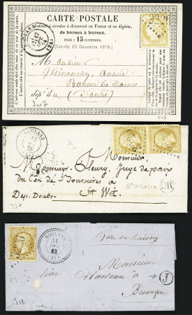 2 lettres et 1 CP précurseur dont n°13 OBL GC 3226 + T22 Roulans (1862) + boite rurale "J" de Laissey. Ind 18