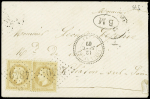 N°28 en paire OBL GC 4849 + T22 Vuillafans (1869) + "BM" dans un ovale sur lettre, ind 15. TB