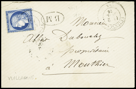 N°60 OBL CAD T17 Vuillafans (1876 - faible) + "BM" dans un ovale sur lettre. TB
