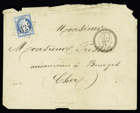 France n°60 OBL GC 5124 + T24 "Bizot Algérie" (1873) sur lettre, ind 20. TB