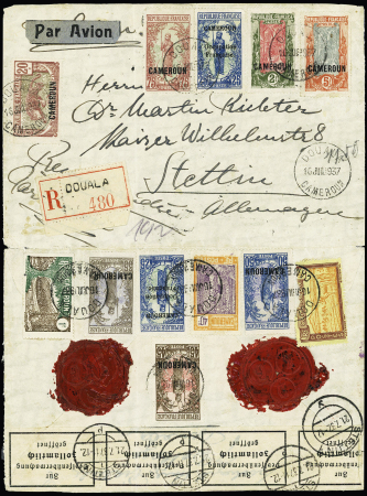 9 lettres du Cameroun (1917 - 1947) dont n°67 à 75 OBL CAD "Buea Kamerun" (1918) sur lettre recommandée pour la Suisse. TB