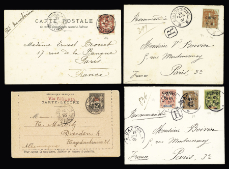 4 plis AFF Chine n°74 (cote 200€) OBL CAD "Canton Chine" (1907), n°53 + 61 + 67 OBL CAD "Canton Chine" (1905), entier carte-lettre 25c noir sur rose surchargé "Chine" OBL Tien-Tsin (1910) et Chine n°24 OBL CAD "Han