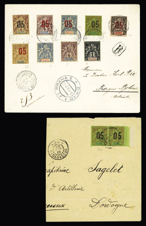 Comores : 6 plis divers dont Anjouan n°1 + 3 + 6 + 21 à 25 OBL CAD "Anjouan Mayotte et dépendances" (1913) sur lettre recommandée pour Prague avec arrivée au recto. TB