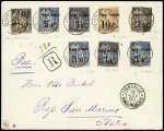 Congo : n°1, 2 pièces + 2, 3 pièces, + 4 + 5c, surcharge renversée + 6 sur lettre recommandée pour Saint-Marin avec arrivée. RR et TB, cote 2150€, certificat Scheller