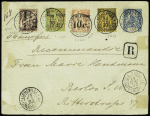 Congo n°3 + 6 +11 + col gen n°56 OBL CAD "Libreville Congo français" (1893) sur env. entier postal 15c Groupe du Congo recommandé pour Berlin avec transit et arrivée. TB. Cote timbres 1360€ +