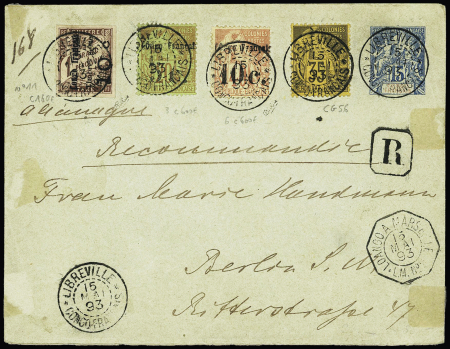 Congo n°3 + 6 +11 + col gen n°56 OBL CAD "Libreville Congo français" (1893) sur env. entier postal 15c Groupe du Congo recommandé pour Berlin avec transit et arrivée. TB. Cote timbres 1360€ +