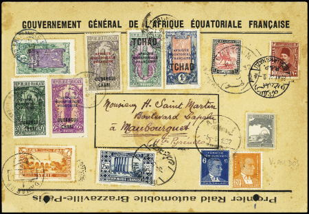 Enveloppe à en-tête "Gouvernement général de l'Afrique équatoriale française - premier raid automobile Brazzaville - Paris AFF 18 timbres différents des pays traversés : AEF - Oubangui Chari - Tchad - Soudan - Eg