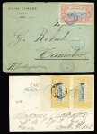 Côte des Somalis n°28 en paire CDF OBL Djibouti (1902) sur carte postale pour Gap avec arrivée et CFS n°12 OBL Djibouti sur lettre (pli central) pour Tamatave