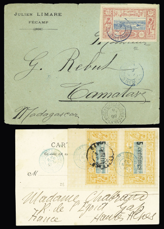 Côte des Somalis n°28 en paire CDF OBL Djibouti (1902) sur carte postale pour Gap avec arrivée et CFS n°12 OBL Djibouti sur lettre (pli central) pour Tamatave