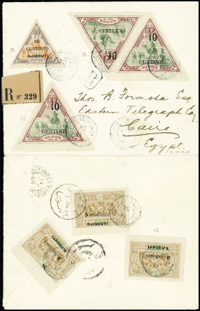 Côte des Somalis n°32 + n°36, 3 pièces + n°30, 3 pièces, OBL Djibouti (1904) sur lettre recommandée pour le Caire avec arrivée. TB