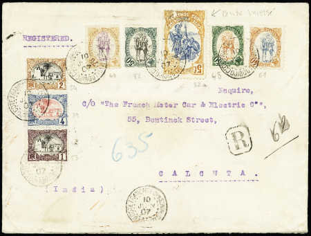 Côte des Somalis n°39 +53 + 54 + 49 + 62 + 52a, centre renversé + 48 + 61 OBL Djibouti (1907) sur lettre recommandée pour Calcutta avec transit Aden et arrivée. TB