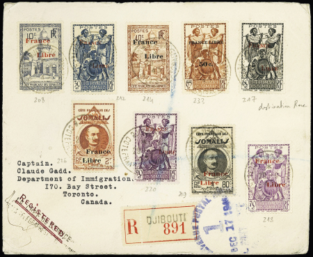 Côte des Somalis n°208 + 212 + 214 + 233 + 217  à 220 + 226 avec surcharge "France Libre" OBL Djibouti (1945) sur lettre recommandée pour Toronto (Canada) avec arrivée, bonne destination. TB