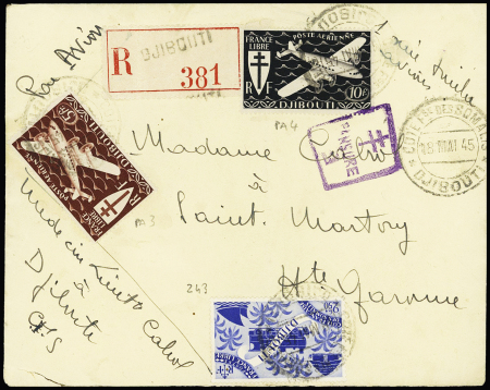 Côte des Somalis n°243 + PA3 + PA4 OBL Djibouti (1945) sur lettre recommandée avec cachet rect violet à croix de Lorraine "censure 3". TB