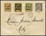 Côte d'Ivoire n°18 à 20 OBL Bingerville (1905) sur env. entier postal 25c groupe. TB. Cote timbres 160€
