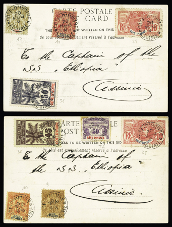 2 cartes postales illustrées AFF Côte d'Ivoire n°11 + 17 + 25 + 31 et n°30 + 25 + 9 + 10 + taxe n°6 OBL CAD "Côte d'Ivoire Assinie" (1908, bons AFF avec type Palmier. TB