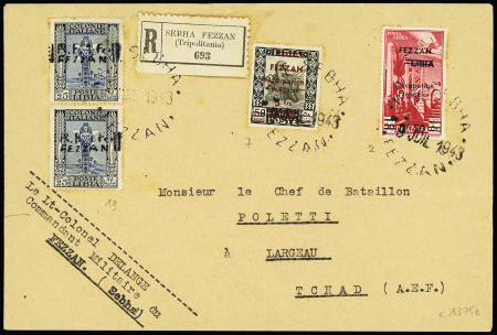 Fezzan n°2 + 7 + 19 en paire OBL grand CAD "RF Sebha Fezzan" (1943) sur lettre recommandée pour le Tchad, infimes rousseurs sinon TB, cote timbres 1375€