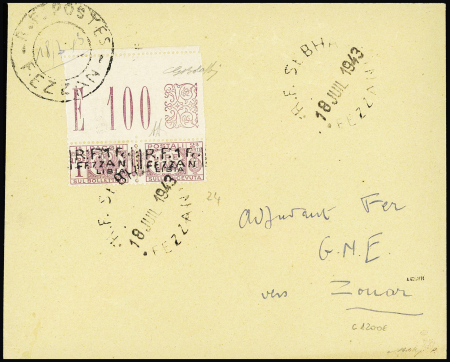 Fezzan n°24 OBL grand CAD "RF Sebah Fezzan" (1943) + CAD 2 cercles "RF Postes Fezzan" sur lettre pour Zouar, signé Bolaffi. TB. Cote 1200€