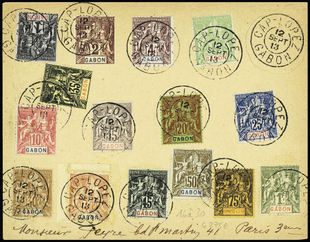 Gabon n°16 à 30 OBL CAD "Cap Lopez Gabon" (1913) sur lettre pour Paris avec arrivée. TB. Cote timbres 275€