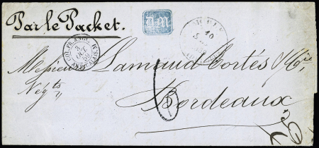 Guadeloupe : LST avec grand CAD "Moule Guadeloupe" (1859) pour Bordeaux avec taxe 6 tampon et CAD d'entrée "Col. Fr. Angl. Amb. Calais M"