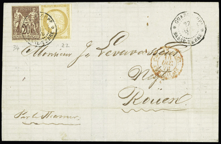 Col. Gen. N°22 + 34 OBL CAD "Guadeloupe Basse-Terre" (1874) sur lettre pour Rouen. TB