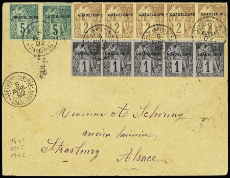Guadeloupe n°14, bande de 5 + n°15, bande de 5 + n°17 en paire OBL CAD "Capesterre (Bourg) Guadeloupe" (1892) sur lettre. TB