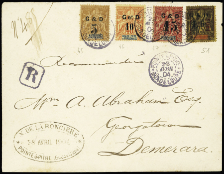 Guadeloupe n°45 à 47 + 51 OBL Pointe à Pitre (1904) sur lettre recommandée pour Demerara. TB