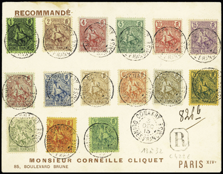 Guinée n°18 à 32 OBL Conakry (1913) sur lettre recommandée pour Paris. TB. Cote timbres 422€