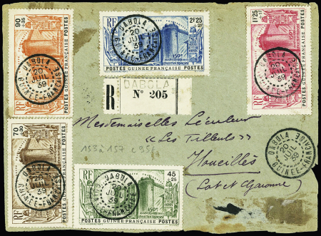 Guinée n°153 à 157, Révolution française (cote 95€) OBL Dabola (1939) sur devant de lettre recommandée. TB