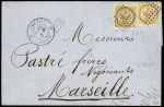 Guyane : Col. Gen n°3 + 5 OBL losange de points + CAD "Guyane Cayenne" (1869) sur lettre pour Marseille. TB