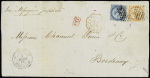 Inde, Colonies Générales : n°4 + 5 OBL losange de points + CAD "Inde Pondichéry" (1868) sur lettre pour Bordeaux avec arrivée. TB