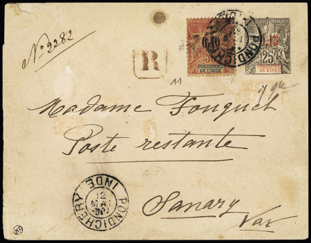 Inde n°11 OBL CAD "Pondichéry Inde" (1907) sur env. entier postal 0,15 sur 25c Groupe (ACEP en. 17 - 116x76mm) pour Sanary (Var) avec arrivée. TB