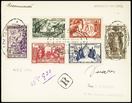 Inde n°109 à 114, expo 1937, OBL CAD ovale "Inde Pondichéry" (1937) sur lettre recommandée pour Paris. TB