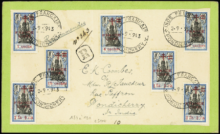 Inde n°184 à 190, surchargés "France Libre" OBL Pondichéry (1943) sur lettre recommandée locale. Cote timbres 310€. TB