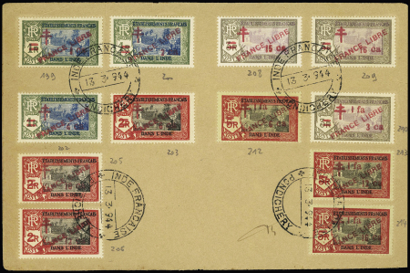 Inde n°199 + 200 + 202 + 203 + 208 + 212 + 208 + 209 + 205 + 206 + 203 + 210 + 212 + 213 + 214, surchargés "France Libre", OBL Pondichéry (1944) sur lettre. TB