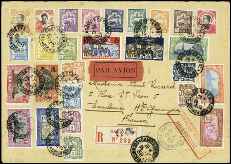 Indochine : 7 lettres diverses dont grande LR OBL Saïgon (15.1.1930) avec griffe rouge encadrée "Par malle aérienne hollandaise" (Muller n°22A). TB