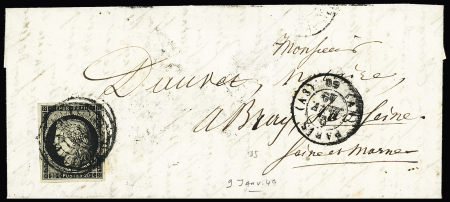 N°3 obl. CàD type 15 Paris (AS) 60 du 9 janv. 1849