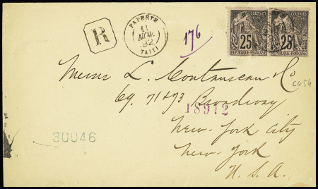 Colonies générales n°54 en paire OBL CAD "Papeete Taïti" (1892) sur lettre recommandée pour New-York avec au verso grand CAD "San Francisco, cal. Registered". TB