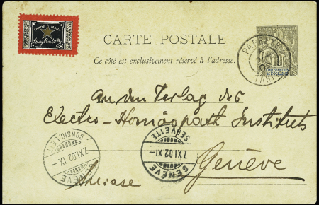 Entier carte postale 10c gris et bleu d'Océanie OBL CAD "Papeete Tahiti" (1902) avec vignette locale "Parfumerie de l'étoile Henry R. de Witt" pour Genève avec arrivée. TB