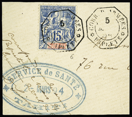 Océanie n°6 OBL CAD octogonal à cercle intérieur répété à côté"Corr. D. armees Papeete" (1894) répété à côté sur fragment avec CAD octogonal bleu "Service de santé 2 mars 94 Tahiti". TB