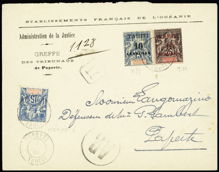 Océanie n°6 en mixte avec Tahiti n°21 + 23 OBL CAD "Papeete Tahiti" (1906) sur lettre recommandée locale du tribunal de Papeete avec grand "AR" dans un cercle. TB
