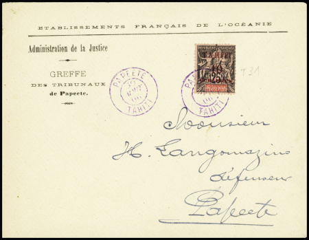 Tahiti n°31 OBL CAD violet 2 cercles "Papeete Tahiti" (1906) sur lettre locale du tribunal de Papeete. TB