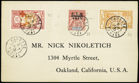 Océanie n°25, Croix-Rouge + 32 + 38 OBL CAD "Papeete Tahiti" (1915) sur lettre pour les USA. TB