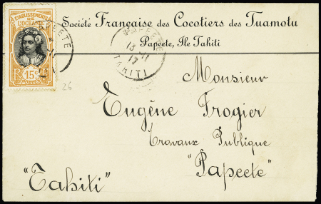 Océanie n°26 OBL CAD 1 cercle de Papeete (1917) sur lettre à en-tête de la Société Française des Cocotiers des Tuamotu adressée à Paris. TB
