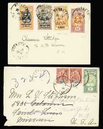 2 plis : n°44 à 46 (cote 125€) OBL Papeete (1921) sur env. entier postal du n°25 et n°15 en paire + n°24 OBL Papeete (1914) sur lettre pour les USA. TB