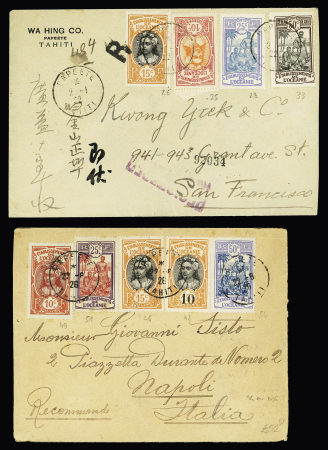 2 plis : Océanie n°25 + 26 + 28 + 33 OBL Papeete (1922) sur lettre recommandée pour San Francisco et Océanie n°49 + 51 + 26 + 43 + 54 OBL Papeete (1926) sur lettre recommandée pour Naples avec arrivée. TB