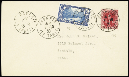 Océanie n°75 en mixte avec USA n°294 OBL Daguin jumelé "Papeete ile Tahiti" (1930) sur lettre pour les USA. TB
