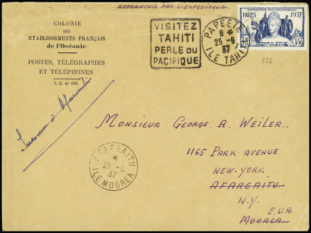 Océanie n°126 OBL Papeete ile Tahiti (1937) + Daguin à gauche "Visitez Tahiti perle du Pacifique" sur lettre pour Moorea réexpédiée à New-York avec CAD "Afareaitu ile Moorea" (1937) au rect. TB